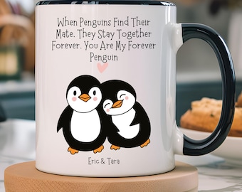 Personalized Forever Penguin Love Mug, Romantic Couples Gift, Anniversary Valentine's Day