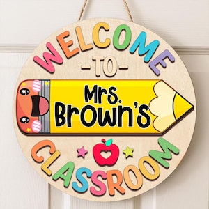 Customized Back To School Teacher Door Hanger, Teacher Welcome Sign, Pencil Cute Classroom Door Hanger, Classroom Front Wood Door Sign Gifts