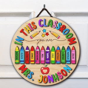 Customized Back To School Teacher Door Hanger, Teacher Welcome Sign, Crayon Cute Classroom Door Hanger, Classroom Front Wood Door Sign Gifts