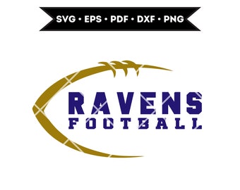 May include: A gold football outline with a blue text overlay that reads "RAVENS FOOTBALL".