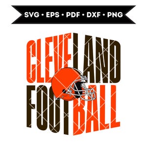 May include: A graphic design featuring the words "Cleveland Football" in a bold, blocky font. The word "Cleveland" is in brown and orange, while "Football" is in orange and brown. A brown and orange football helmet is centred between the words.
