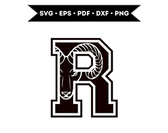May include: Black and white graphic of the letter "R" with a ram's head inside the letter. The letter is in a varsity style font.