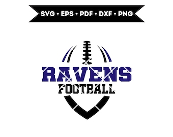 May include: A black and white silhouette of a football with the words "RAVENS FOOTBALL" in purple text.