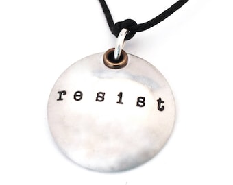 RESIST NECKLACE - Sterling Silver Domed Resist Jewelry - Political Necklace - Protest Jewelry - Adjustable Cotton Cord Necklace - Free Ship