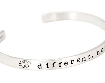 DIFFERENT, NOT LESS Autism Quote Cuff Bracelet - Sterling Silver Autism Bracelet - Autism Speaks - Autism Jewelry  - Free Shipping
