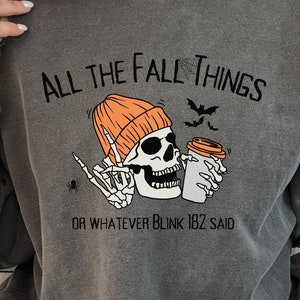 May include: Dark gray sweatshirt with the text "ALL THE FALL THINGS" and "OR WHATEVER BLINK 182 SAID". The graphic features a skull wearing an orange beanie and holding a coffee cup. Includes bats and a spider.