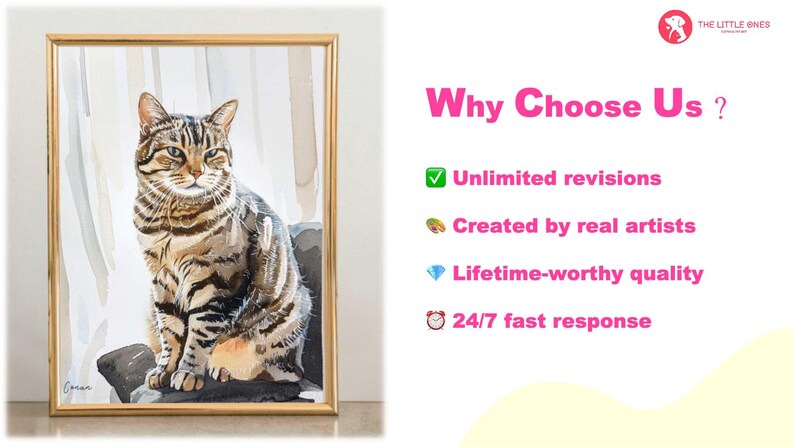 May include: A framed watercolour painting of a tabby cat sitting on a windowsill. The cat has green eyes and is looking directly at the viewer. The painting is in a gold frame and has a white mount.