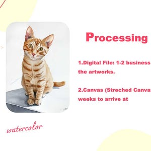 May include: A watercolour painting of a ginger cat sitting on a white surface. The painting is titled "watercolor". The text below the painting describes the processing time for digital files and canvas prints. Digital files take 1-2 business days to finish, while canvas prints take an additional 2-3 weeks to arrive.