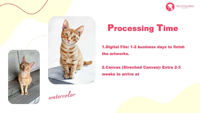 May include: A watercolour painting of a ginger cat sitting on a white surface. The painting is titled "watercolor". The text below the painting describes the processing time for digital files and canvas prints. Digital files take 1-2 business days to finish, while canvas prints take an additional 2-3 weeks to arrive.