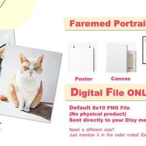 May include: Digital file of a framed portrait of a husky dog and a cat. The image is available in 8x10 inches and can be printed on poster, canvas, or framed with a black, white, or wood frame.