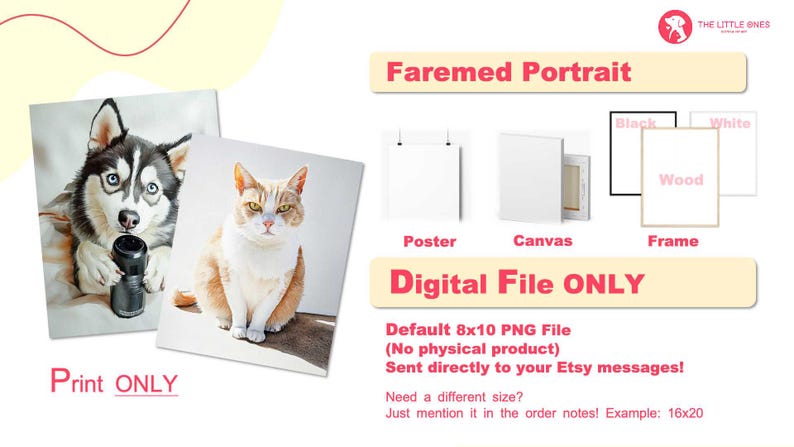 May include: Digital file of a framed portrait of a husky dog and a cat. The image is available in 8x10 inches and can be printed on poster, canvas, or framed with a black, white, or wood frame.