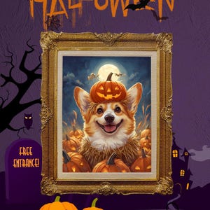 May include: A corgi dog wearing a jack-o'-lantern on its head, surrounded by pumpkins. The dog is smiling and the background is a dark blue sky with a full moon. The image is framed in gold and the text "FREE ENTRANCE!" is visible in the bottom left corner.