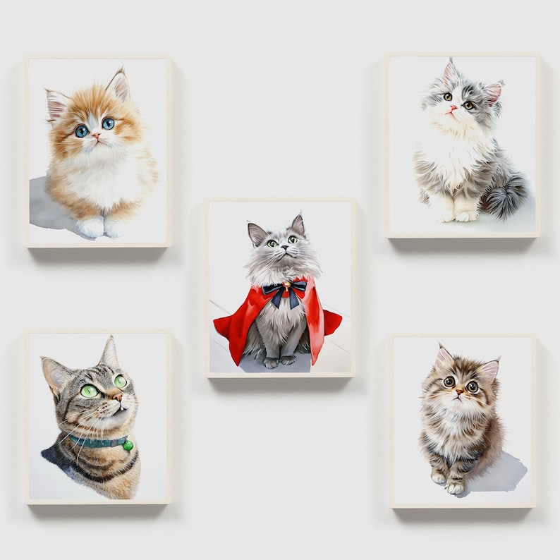 May include: Five framed images of cats. Each image features a different cat with a white background. The cats are all looking up. One cat is wearing a red cape.