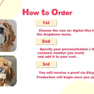May include: How to order a personalised dog costume. Choose the size, select the costume number, and add it to your cart. You will receive a proof via Etsy message. Production will begin once you approve it.