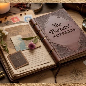 Può includere: Un diario in pelle marrone con il titolo "Ibn Battuta's NOTEBOOK" e disegni floreali in rilievo. Le pagine aperte rivelano mappe vintage, francobolli e fiori. Sono visibili anche una bussola, una lente d'ingrandimento e una candela.