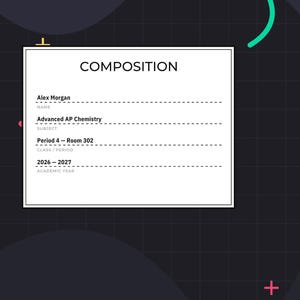 Può includere: Quaderno di composizione con un'etichetta rettangolare bianca. L'etichetta include il titolo "COMPOSITION", il nome dello studente, la materia, il periodo di lezione e l'anno scolastico 2026-2027. Lo sfondo è scuro con forme geometriche.