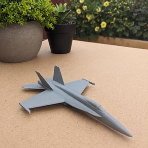 May include: A grey model aeroplane with wings and a pointed nose rests on a light brown surface. The toy aircraft has two vertical stabilisers and is near potted plants. The model is a replica of a fighter jet.