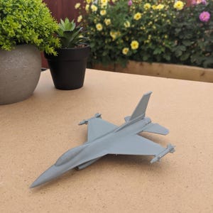 May include: A gray model airplane, likely a fighter jet, is positioned on a light brown surface. The model has detailed wings, tail, and small missile-like attachments. The background includes potted plants and colorful flowers.