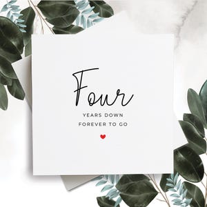 Tarjeta del cuarto aniversario, cuatro años después, para siempre, regalo del cuarto aniversario, tarjeta para novio, tarjeta para novia, tarjeta del cuarto aniversario
