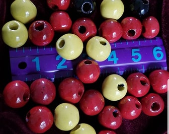 Vintage  Macrame Ceramic  Beads NOS  1970s Retro Beads Artist Made Red  Black Yellow 28 Beads Total