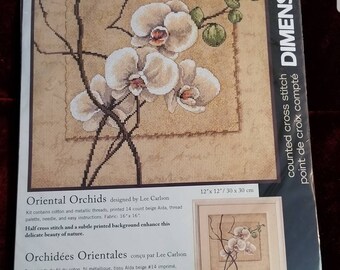 Dimensions Cross Stitch Oriental Orchids kit Ivory color Approx 12x 12" NIP