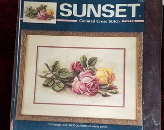 Roses kit by Sunset Counted Cross Stitch kit 14 by 9 inches finished pink and peach colors