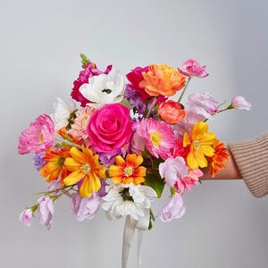 Hot Pink Orange Anemone Artificial Flower Bouquet, Bridal Bouquet in Sunset Colors, Whimsical Garden Wedding Faux Flowers Poppies Ranunculus