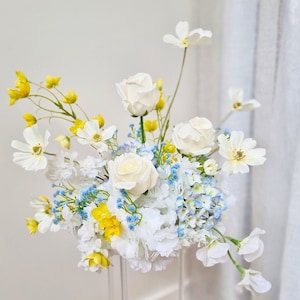 White Yellow Blue Table Flowers, Amalfi Limoncello Theme Silk Flower Arrangement, Wedding Plinth Aisle Ground Faux Flowers