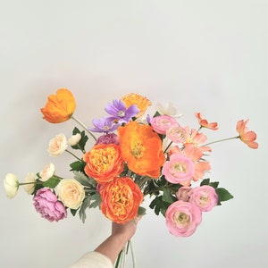 Bright Artificial Flower Bouquet: Orange Pink Silk Wildflowers