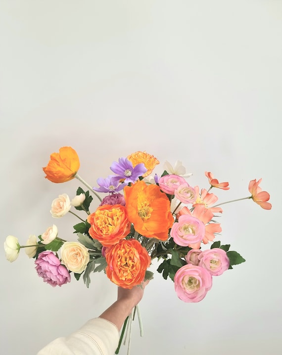 Bright Artificial Flowers Colorful Bridal Bouquet Orange Pink Flowers Silk Flowers Fake Flowers Custom Wedding Flower Faux Bouquet Etsy UK