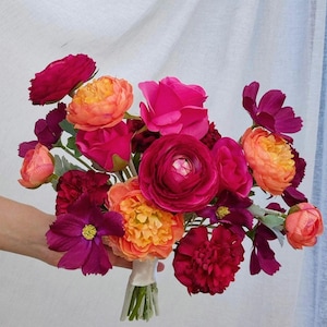 Bridal Bouquet in Moody Rich Tones, Bold Whimsical Silk Faux Flower Bouquet, Bright Burgundy Orange Hot Pink Artificial Wedding Florals