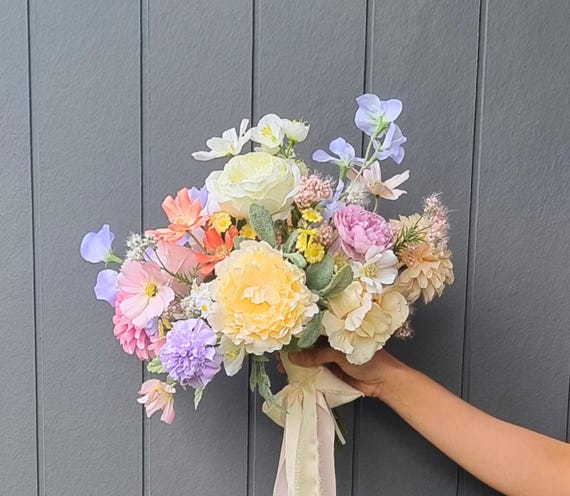 Pastell Seide wunderliche Hochzeitsstrauß, Cottage Garden Stil künstliche Wildblumen