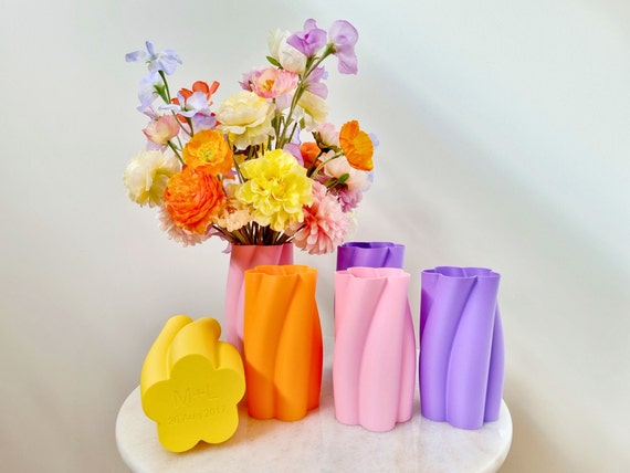 Personalized 3D Printed Vase in Wavy Pop Colors (pink, yellow, purple, orange)