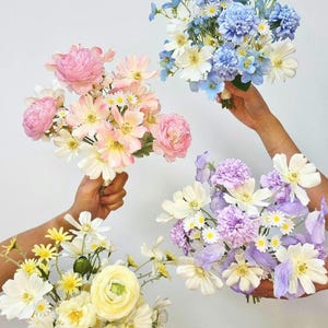 Monocolour Whimsical Wildflower Bouquets,  Bridesmaids Bouquets in Pastel Pink Lilac Blue and Yellow, Faux Wedding Garden Style Bouquets