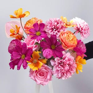 Bright pink orange modern bridal bouquet, dahlias roses anthurium wedding bouquet, bold colorful faux hot pink, fuchsia & orange flowers