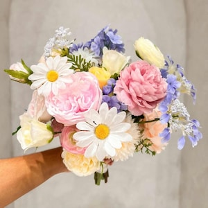 Peach Pink Cream Blue Artificial Wildflower Bridal Bouquet, Silk Wedding Flowers, Colorful Garden Whimsical Artificial florals