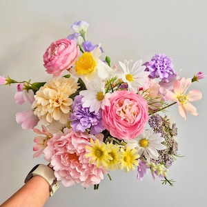 Whimsical Garden Bouquet in Pink Lilac and Yellow, Pastel Faux Bridal Bouquet, Artificial Blooms Spring Bouquet, Silk Wedding Wildflowers