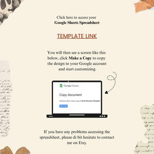 May include: A digital template guide for a Google Sheets spreadsheet. The image includes instructions on how to copy the design and customize it. Text on the image includes "Google Sheets Spreadsheet" and "Make a Copy". The background has a vintage aesthetic.