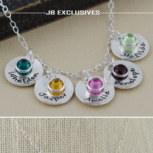 Personalized hand stamped mommy necklace sterling silver chain with 5 baby name discs and birthstones for sister, friends, anniversary image 1