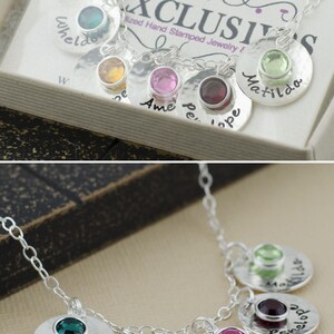 Personalized hand stamped mommy necklace sterling silver chain with 5 baby name discs and birthstones for sister, friends, anniversary image 2