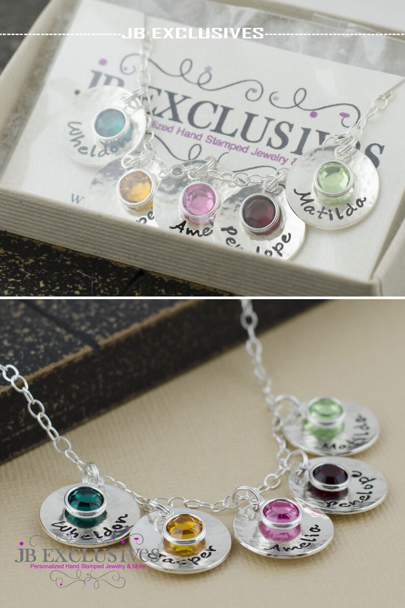 Personalized hand stamped mommy necklace sterling silver chain with 5 baby name discs and birthstones for sister, friends, anniversary image 2