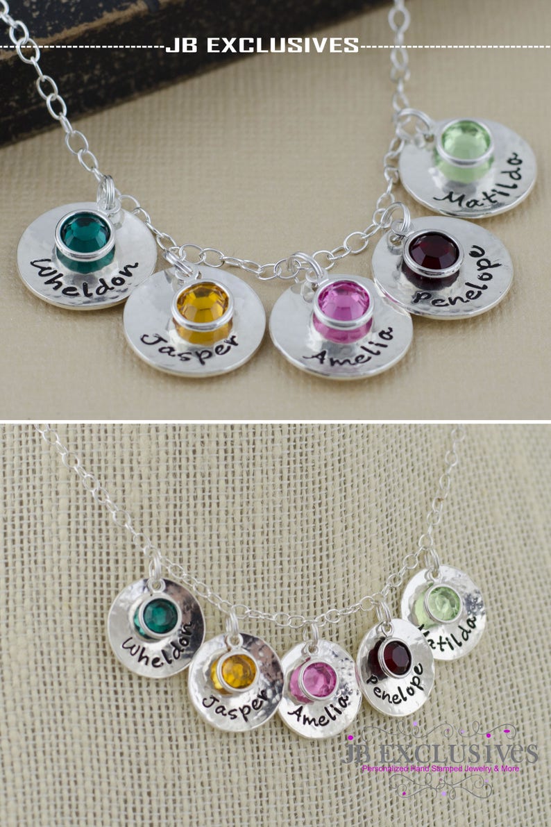 Personalized hand stamped mommy necklace sterling silver chain with 5 baby name discs and birthstones for sister, friends, anniversary image 1