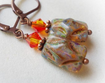 Dangle earrings Czech glass beaded baroque copper amber bead with fire opal Swarovski crystal vintage dangle drop earrings gifts for women