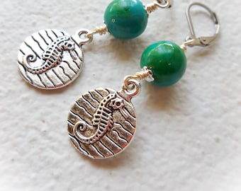 Seahorse earrings Hippocampus earrings Turquoise chrysocolla Long silver dangle earrings Seahorse jewelry nautical ocean sea fish beach gift