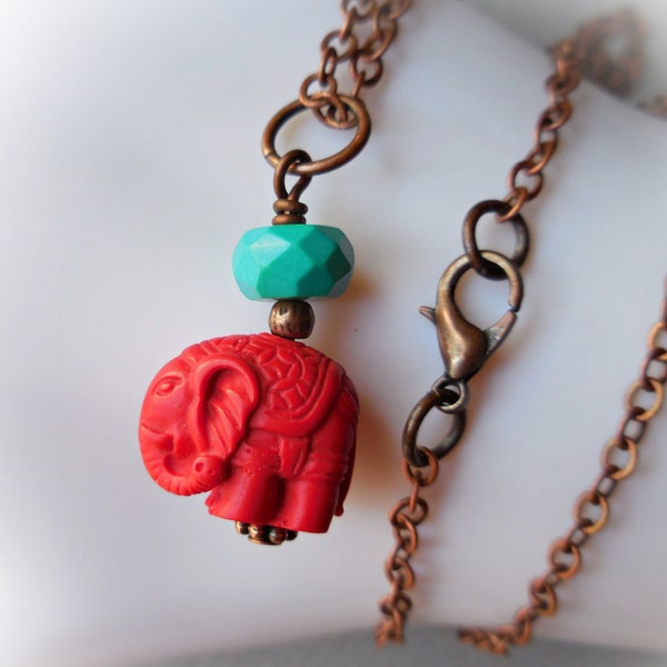 Elephant necklace red cinnabar turquoise stone Oriental copper carved elephant charm animal turquoise blue stone red ethnic tribal chain