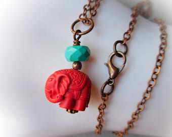 Elephant necklace red cinnabar turquoise stone Oriental copper carved elephant charm animal turquoise blue stone red ethnic tribal chain