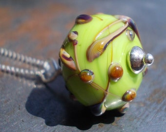Necklace Raku Twigs Glass Necklace handmade artistan lampwork bead sterling silver green charm pendant on chain lime apple romantic nature