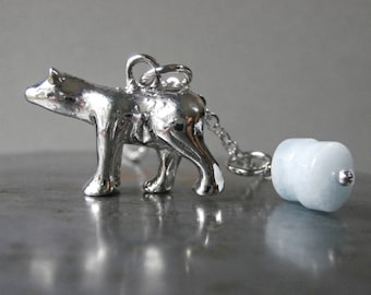 Polar bear on ice aquamarine charm arctic necklace, polar bear necklace, silver plated, animal nature jewelry silver bear totem amulet bear