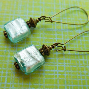 Blue earrings Long light blue glass bead dangle drop earrings Handmade jewelry Ice blue silver foil earrings Antique brass Gift for girls image 6
