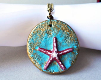 Starfish Pendant Necklace - handmade polymer clay jewelry - red star fish ocean sea beach summer - brass bronze chain turquoise blue coastal